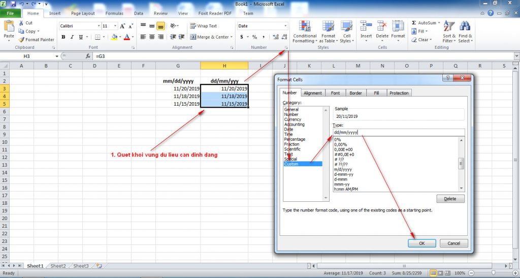 Cách định dạng "dd/mm/yyyy" trong excel Nosomovo