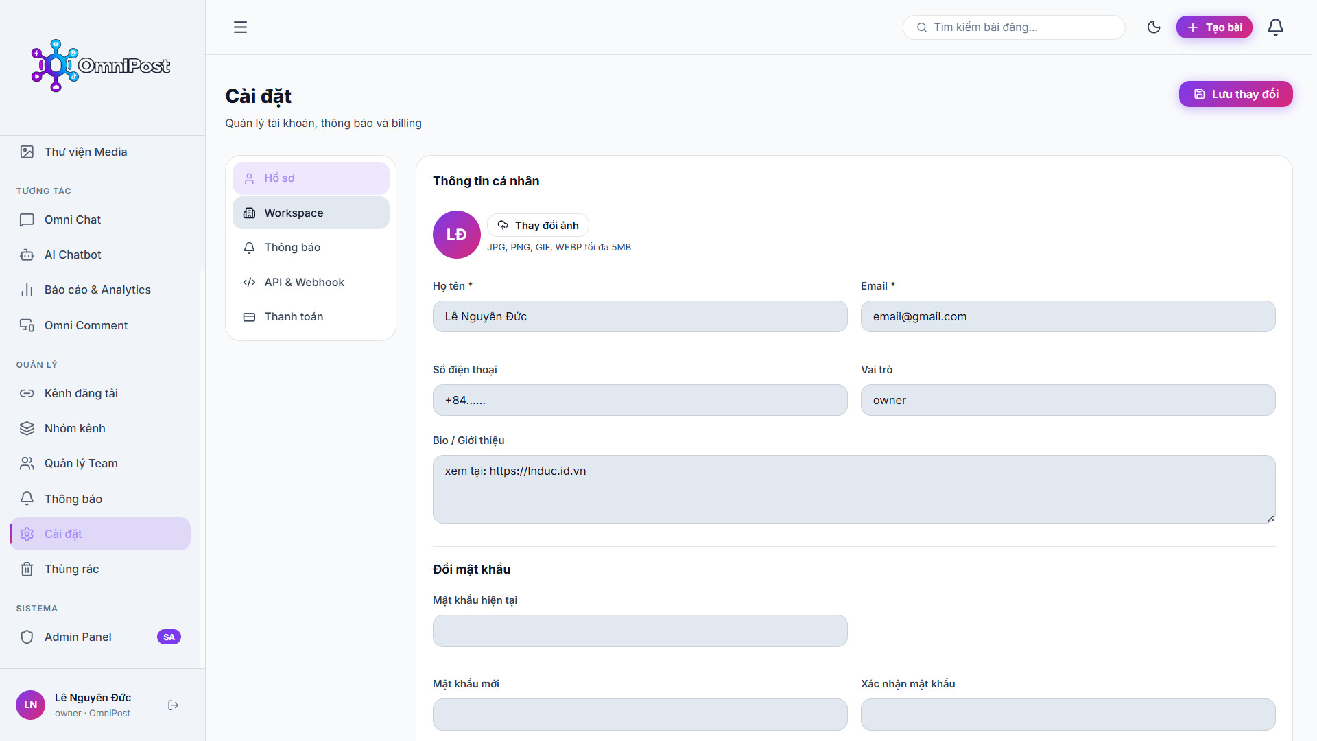 OmniPost: Quản Lý Tài Khoản & Workspace (Không Gian Làm Việc)