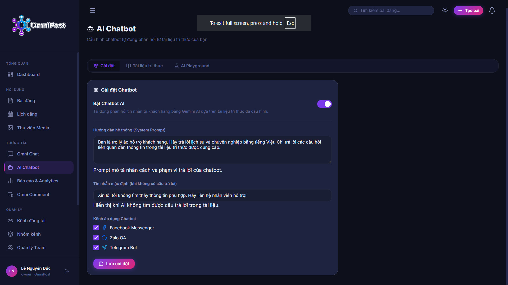 OmniPost: Cấu Hình AI Chat Bot & Tài Liệu Tri Thức