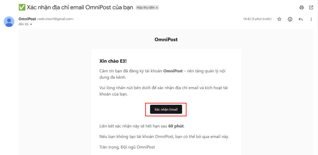 Hình 4. Email xác nhận và hướng dẫn xác nhận email khi đăng ký tài khoản OmniPost
