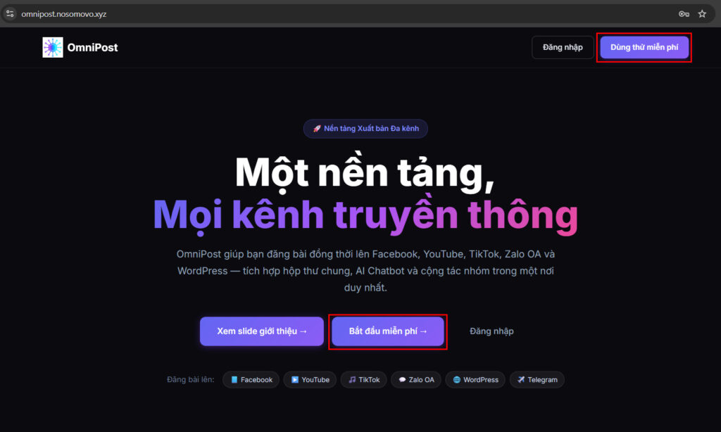 Hình 1. Giao diện landingpage của phần mềm OmniPost