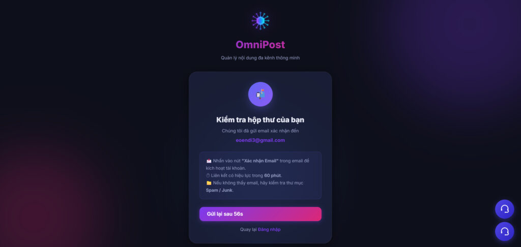 Hình 3. Thông báo cần xác nhận email để hoàn tất việc đăng ký tài khoản OmniPost