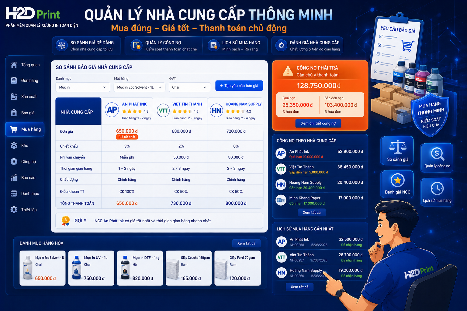 QUẢN LÝ NHÀ CUNG CẤP VẬT TƯ: AI BÁN RẺ NHẤT? AI ĐANG CHO NỢ NHIỀU NHẤT? H2DPRINT TRẢ LỜI TRONG 1 GIÂY! 🔍