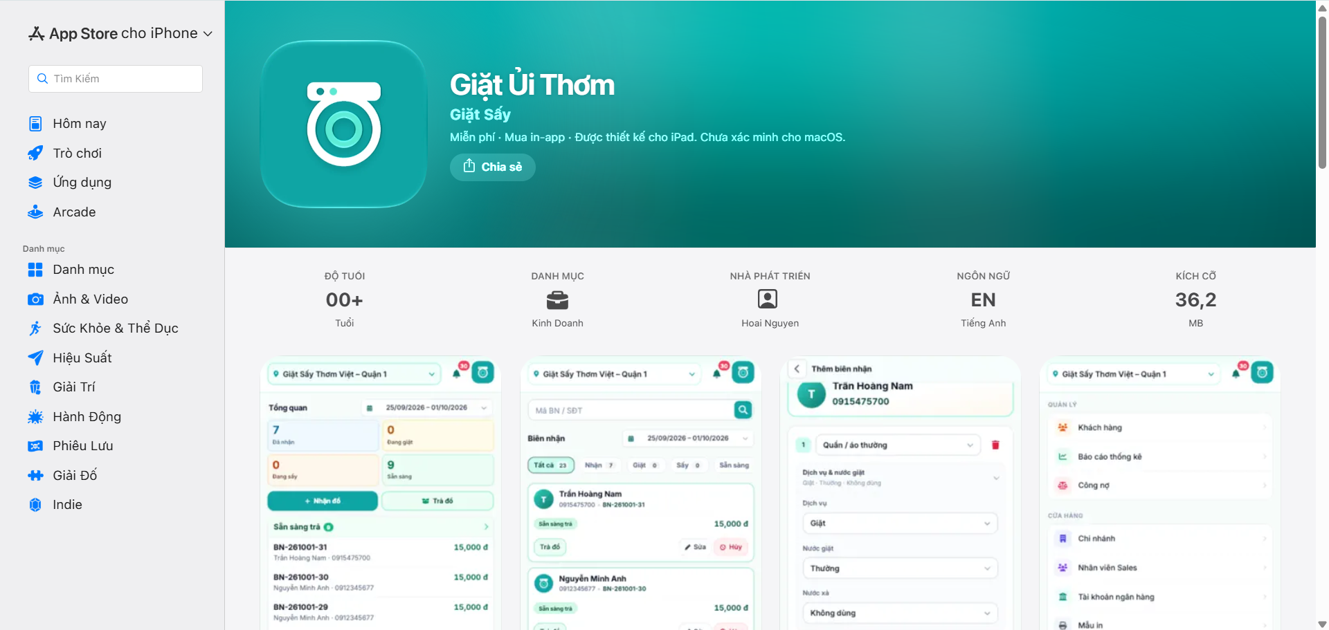 Phần mềm quản lý tiệm giặt trên app store